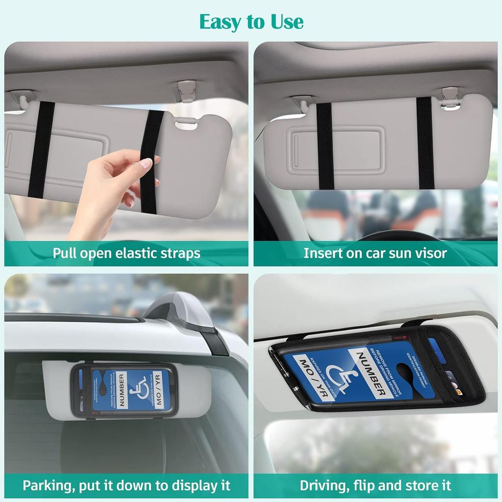 SITHON Handicap Placard Holder For Car Visor, Disabled Parking Permit Sign Protector With Pen Holder, Card Slots And Elastic Strap, Black