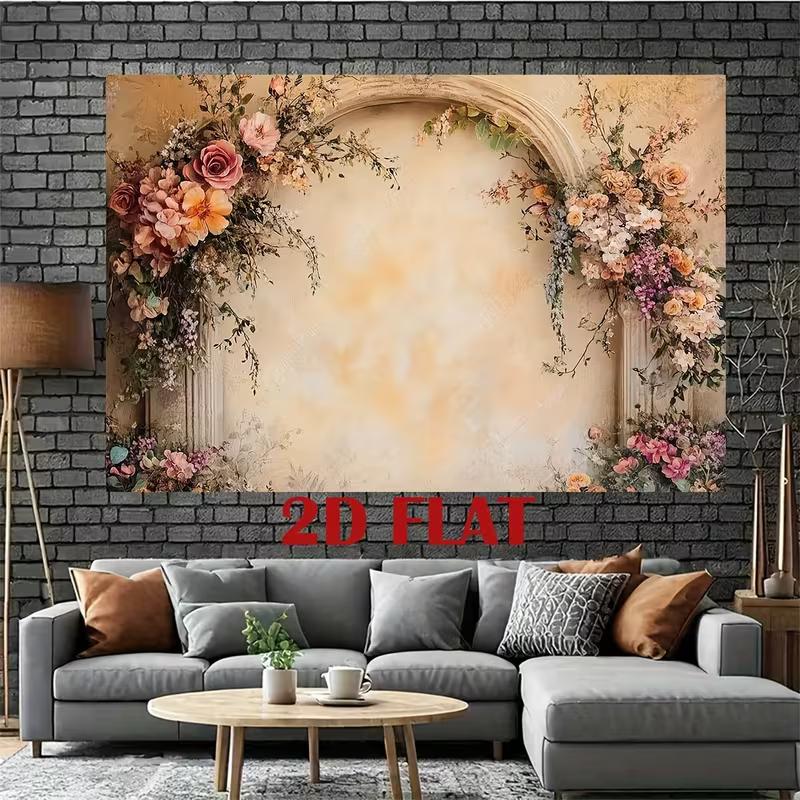 2D Rustic Beige Wall Backdrop with Floral Arrangements and Columns