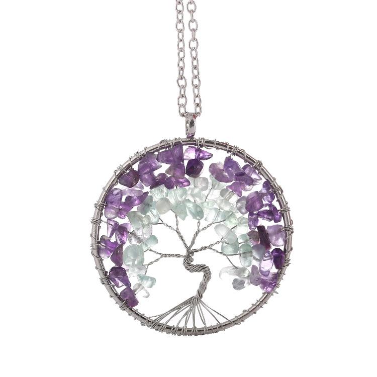 Handmade Man Winding Amethyst Fluorite Tree Of Life Necklace Fortune Tree Woven Necklace N139
