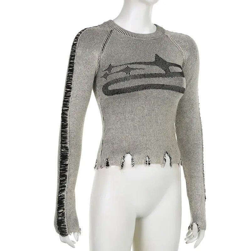 Weekeep Roztrhaný Vintage Svetr Harajuku Patchworkový Potisk Dlouhý Rukáv Svetry pro Ženy Podzim Zima Základní Pulovry Street Style