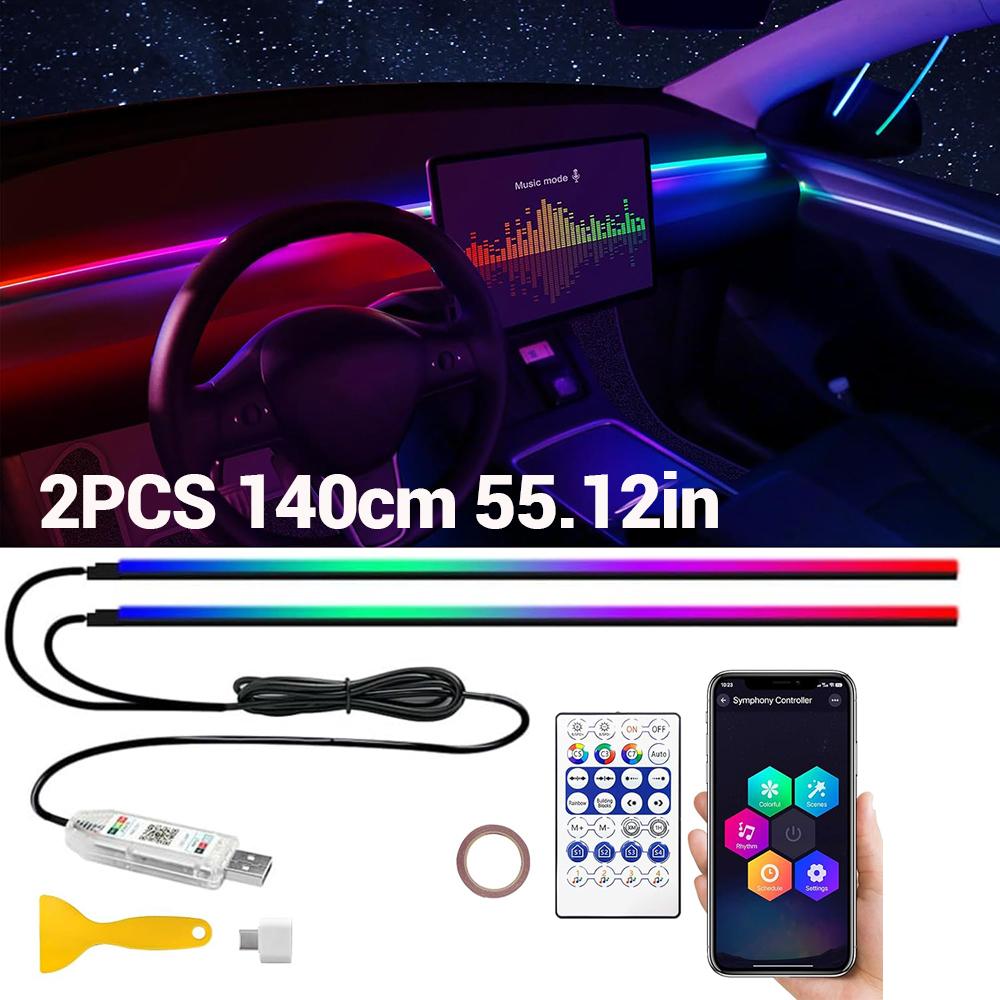 Colorful RGB Led Interior Car Lights Strip Acrylic Ambient Lights Neon Dashboard Atmosphere Backlight with USB Music Sync Rhythm