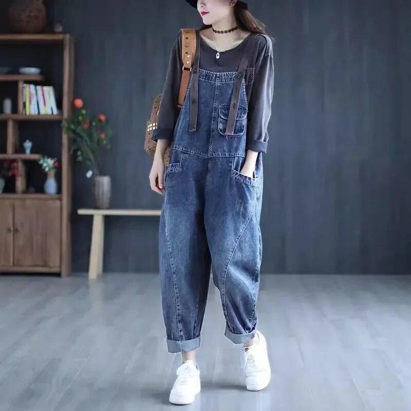Women's Jeans Jumpsuit Vintage Big Pockets Loose Denim Work Pants Denim Backstrap Wide Leg Pants