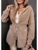2024 Urban Fashion Hooded Woolen Coat with Drawstring Waist & Metal Buckle Zipper