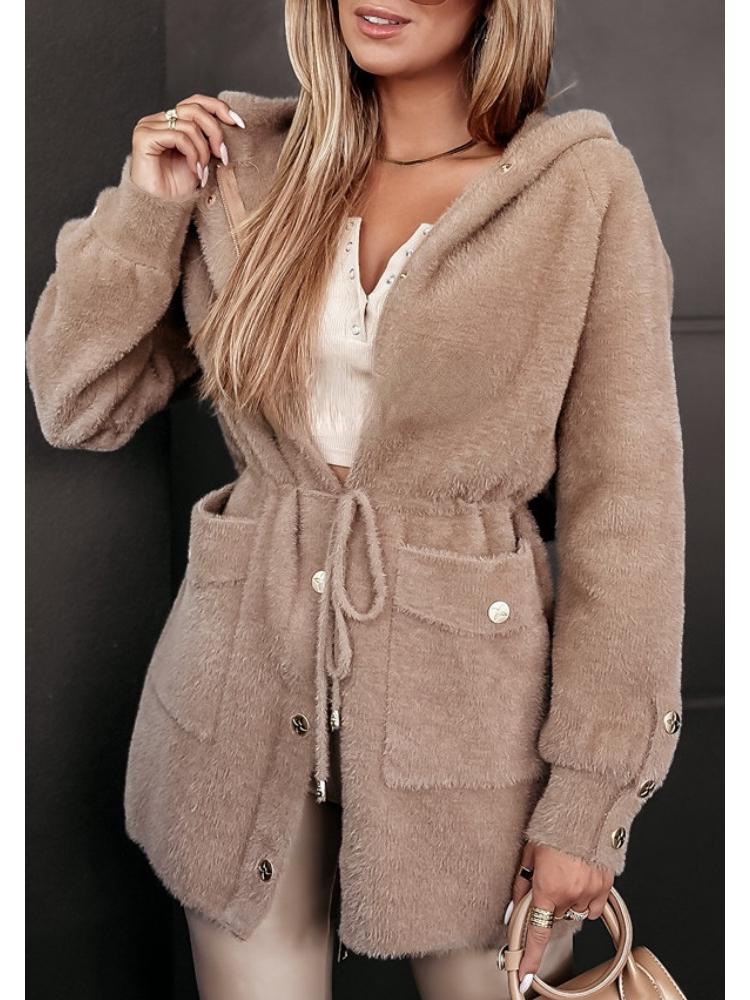 2024 Urban Fashion Hooded Woolen Coat with Drawstring Waist & Metal Buckle Zipper