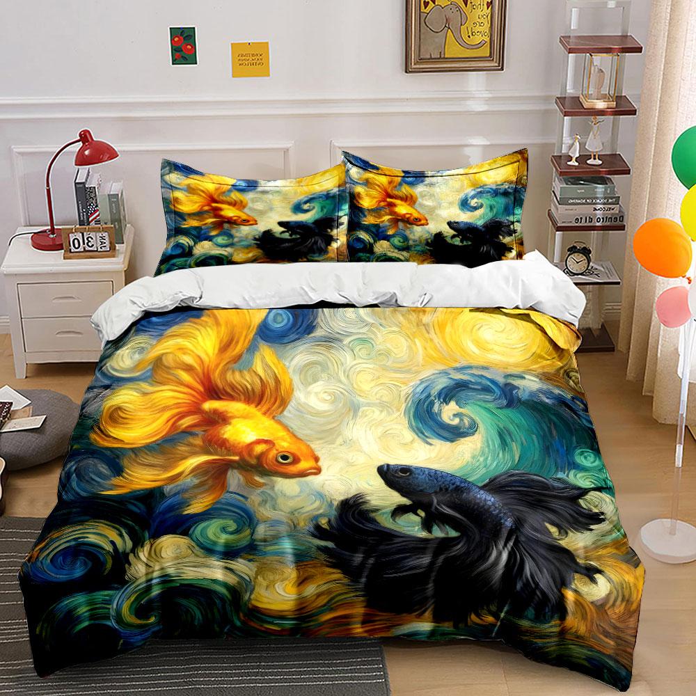 "Fish Art Bedding Set Decor" Multiple sizes kid's and adults' bedroom Exquisite 3PC bedding set gift