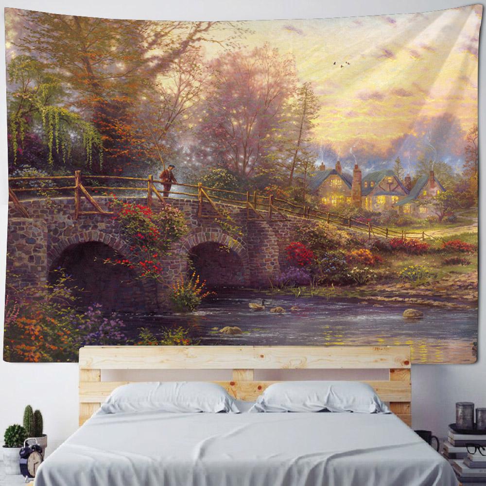 Landscape oil painting tapestry wall hanging forest yoga bed sheet blanket bedroom living room home decoration background poster