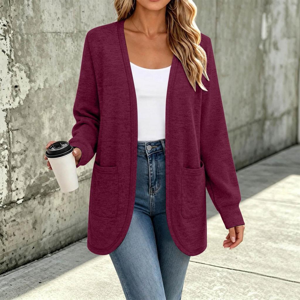 Women's Color V-Neck Long Sleeve Knit Cardigan Jacket for Fall Winter Casual Wear