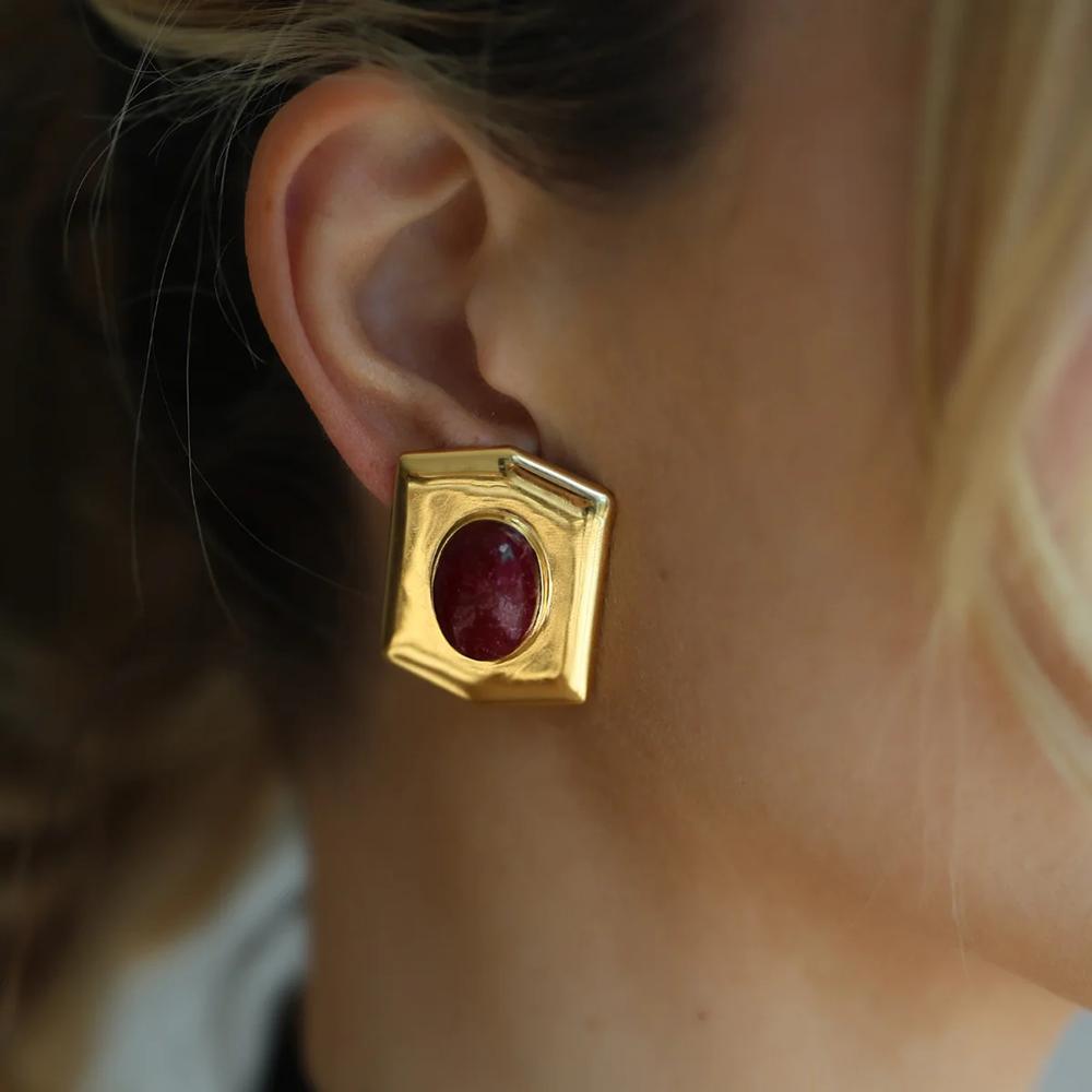 Retro Ethnic Natural Stone Round Earrings for Women Gold Plated Stainless Steel Geometric Piercing Earring Studs Boho Zircon