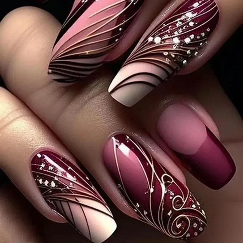 

24Pcs Long Ballet Press On Nails, Burgundy Pink Ombre with Stripe & Rhinestone, Acrylic False Nails for Spicy Girls United States