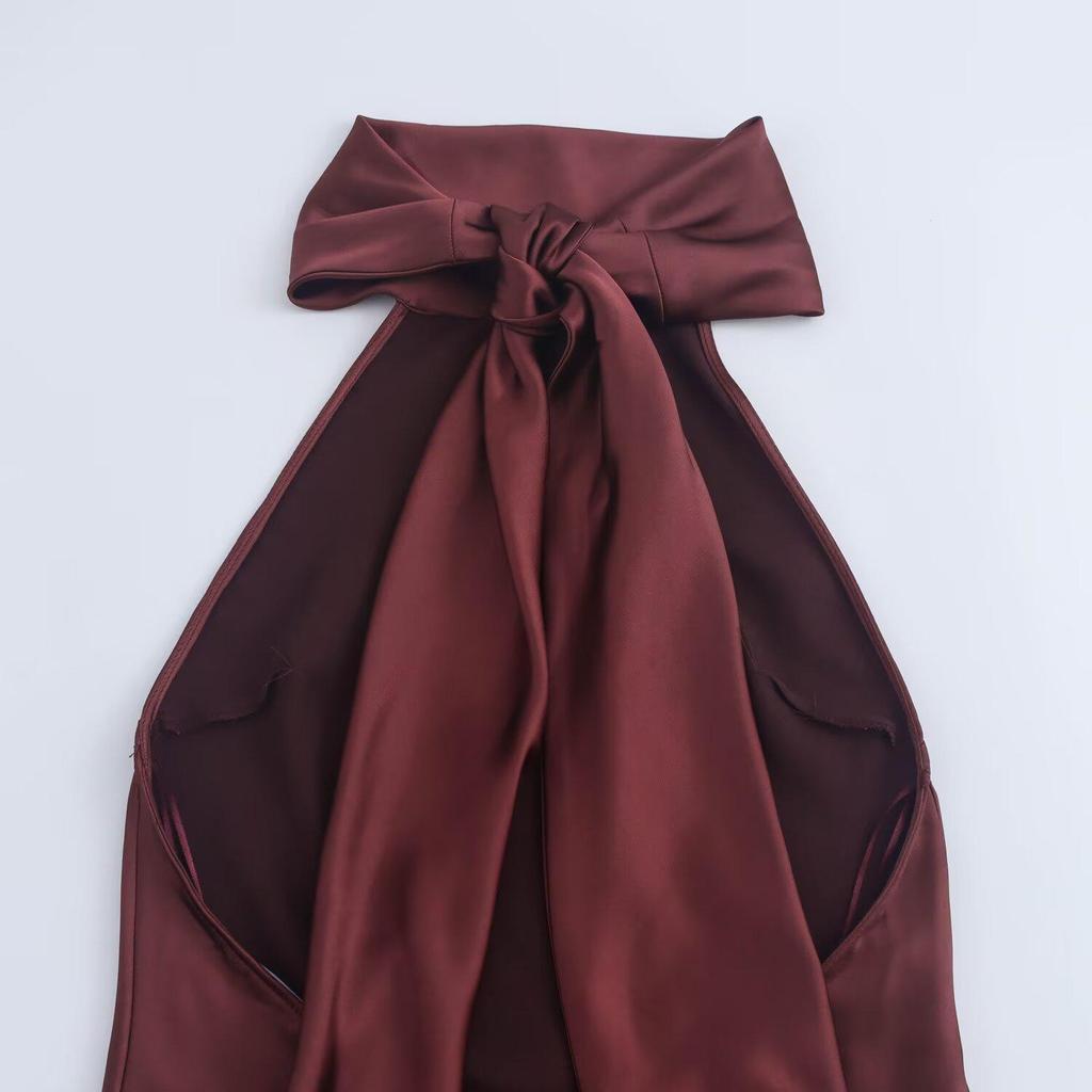 European & American Style Women's Autumn Halter Neck Silk Satin Dress