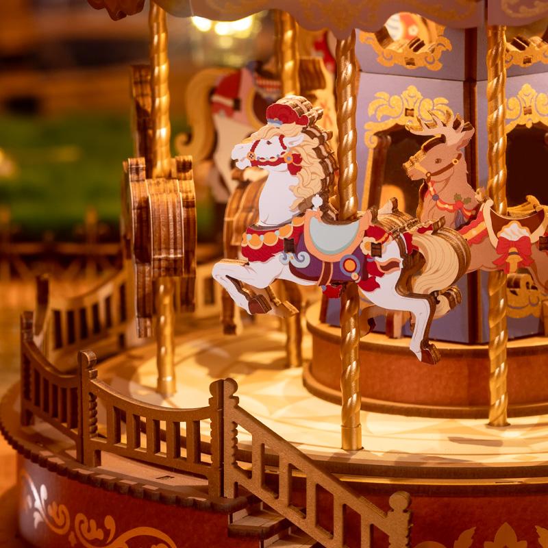Robotime Carousel Music Box 3D Wooden Puzzle With LED Lights Gear Model Building Construction Craft Kits Xmas Gifts for Adult