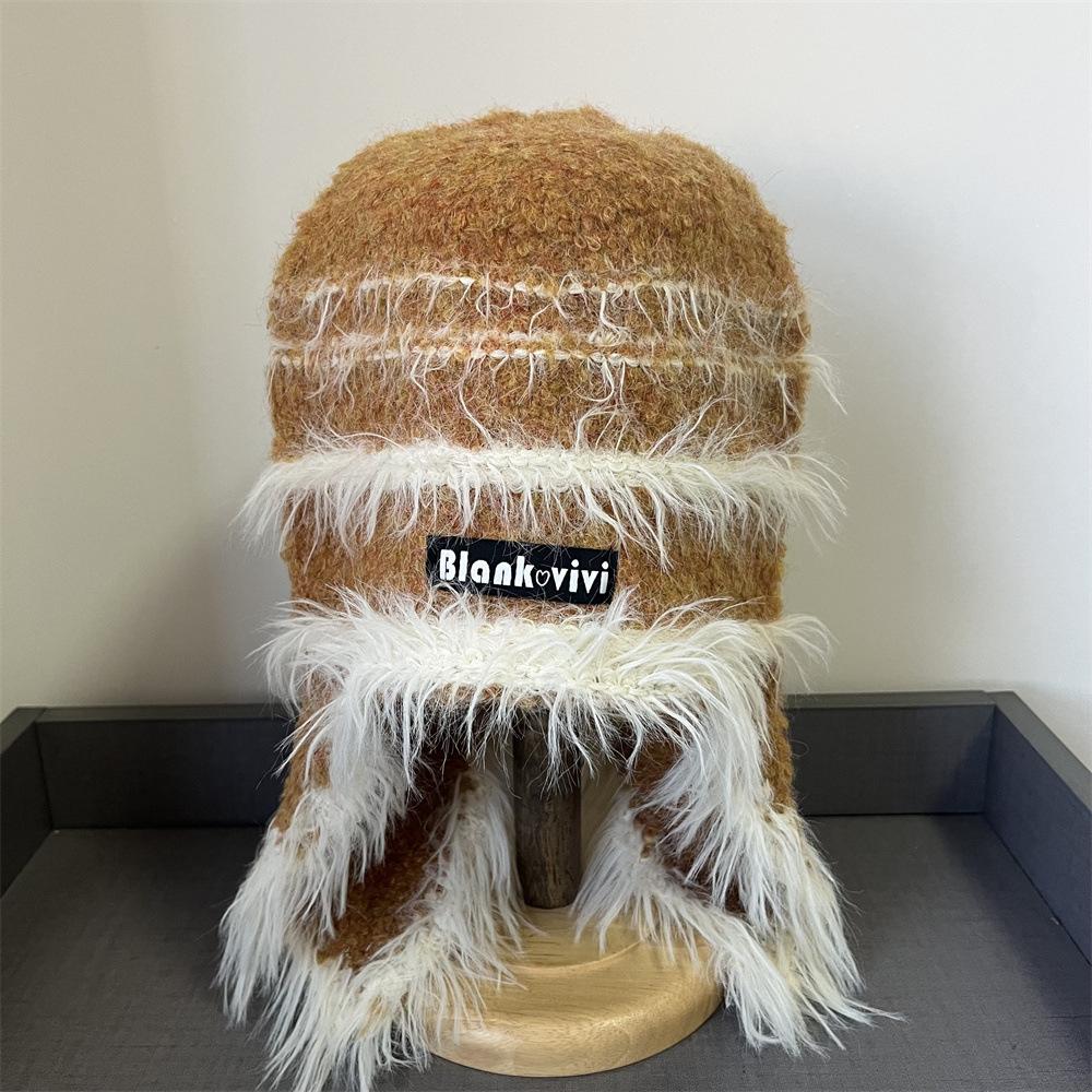 Contrast Color Neck Plush Hat Women's Autumn and Winter Warm Ear Protection Knitted Hat Big Head Circumference Fashionable and Cute Headgear