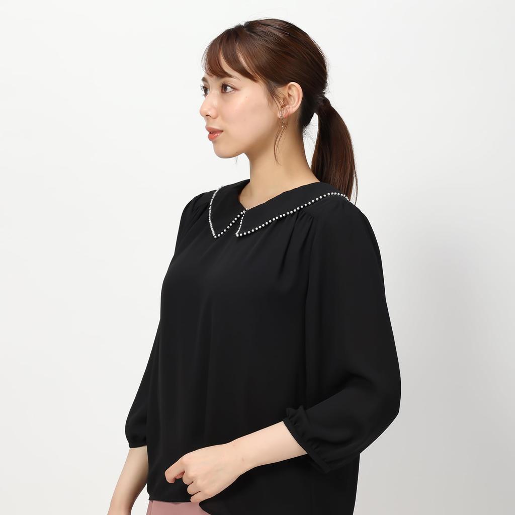 Mishmash Feminine Pearl Trimmed Black Blouse, Women's,