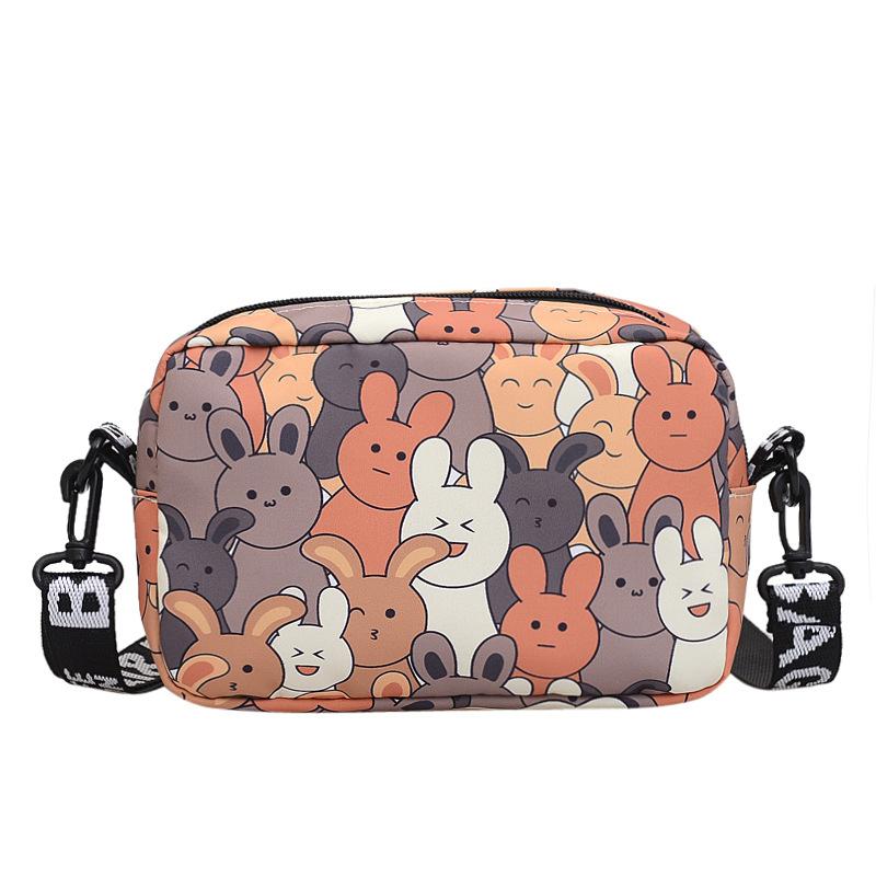 Fashion Cartoon Bunny Print Crossbody Bag with Wide Printed Strap, Casual Nylon Shoulder Purse for Daily Teens Use Wallets