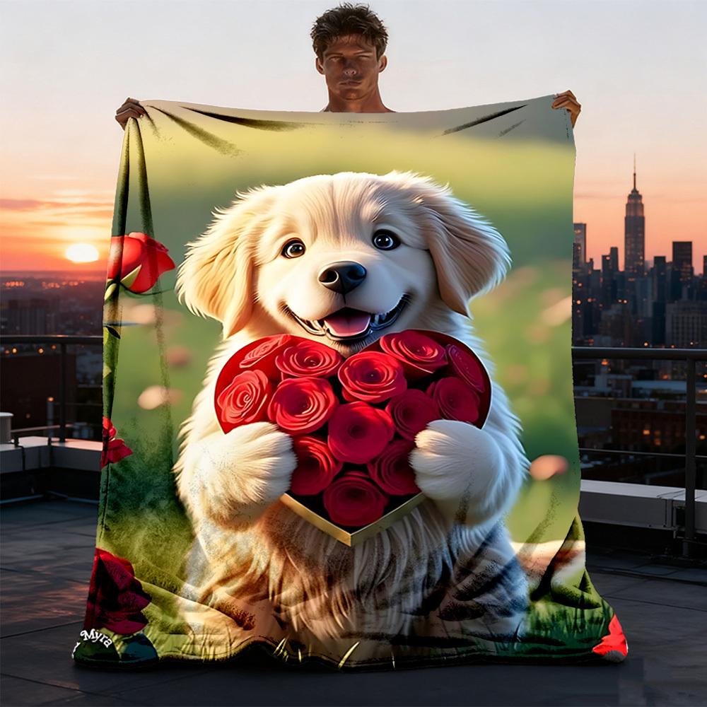 1pc Golden Retriever Roses Heart Outdoor Flannel Blanket, Cozy & Warm Soft Te Playful Design, Napping Camping,