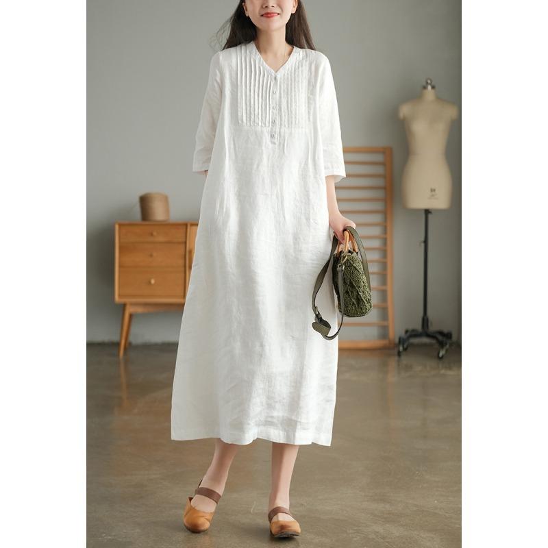 

Spring and summer linen five-quarter-sleeved foreign-style age-reducing fashion dress women s casual V-neck thin knee-length dress large size m