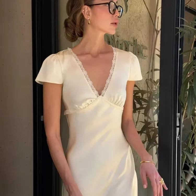 Women Elegant Satin Lace Trim Midi Dress Solid Lace Patchwork Short Sleeve V-neck Summer Dresses Summer New Holiday Robes