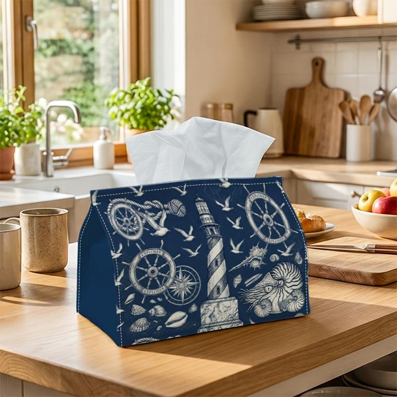 1pc Nautical Compass Lighthouse Tissue Box - Navy Blue Marine Chart Napkin Storage Box, Suitable for Rolls/facial Tissues/single Sheets, Multi-functio