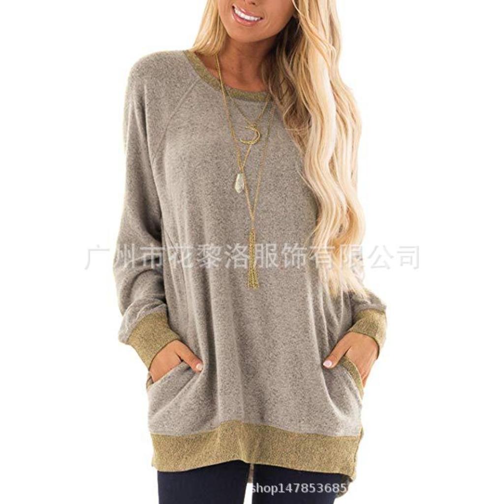 Fall Winter Women's Crew Neck Color Block Pocket Sweatshirt Long Sleeve Pullover Casual Top