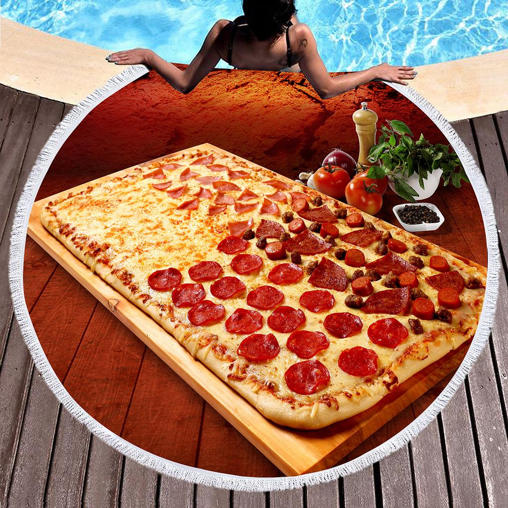 Round Beach Towel Delicious Pizza Pattern Round Beach Blanket Large Lightweight Beach Towel Quick Dry Absorbent Soft Pool Towel