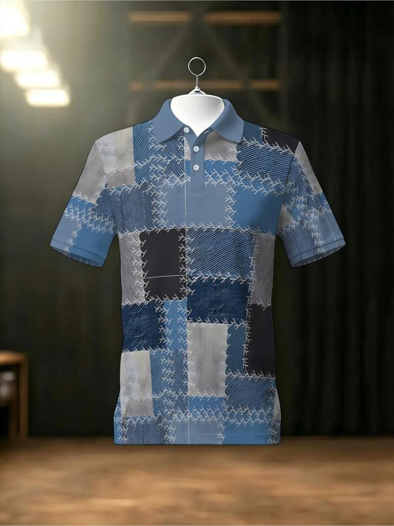 Men's Outdoor Polo Shirt, Blue - Toned Patchwork Pattern, Printed Design - Not Textured 2D Printing, Polyester Material, Multiple Sizes Available,
