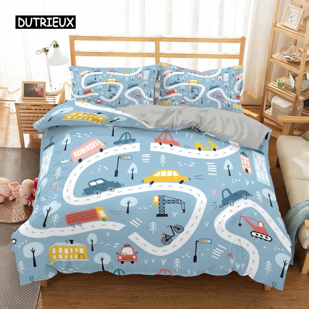 Travel Guide Duvet Cover Set Cartoon Route Car House Building Pattern Bedding Set Microfiber Travel Theme King Size Quilt Cover