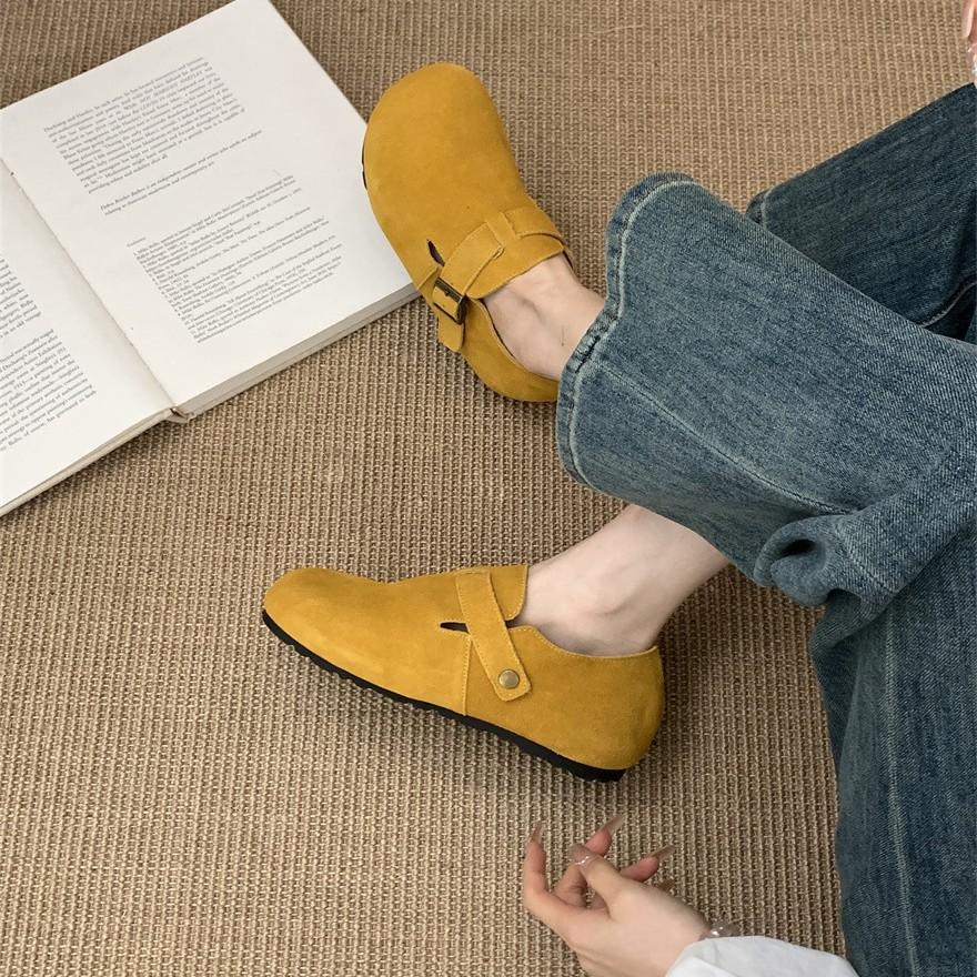 2025 Autumn and Winter New Leather Cow Velvet Outer Wear Full Bag Head Loafer Half Slippers Flat Bottom Loafer Single Shoes Women