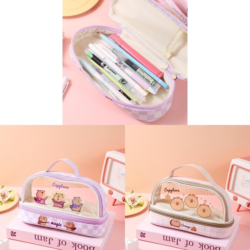 Capybara Pen Case Transparent Dual Layer Storage For School Students