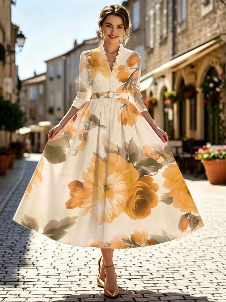 Artistic Retro V-Neck Waist-Cinching Long-Sleeve A-Line Women's Dress