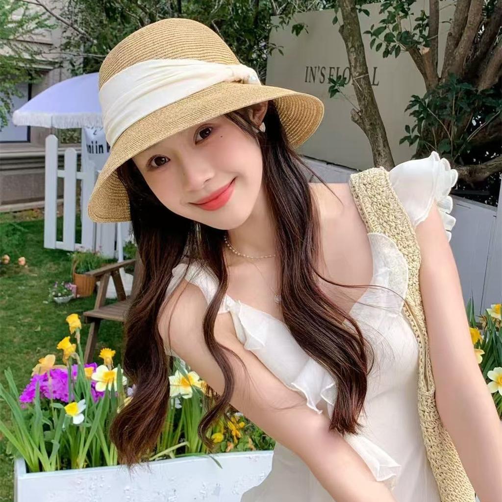 Gentle Literary and Artistic Big Brim Sunshade Straw Hat Women's Summer Fashion Travel Foldable Seaside Sunscreen Bucket Hat