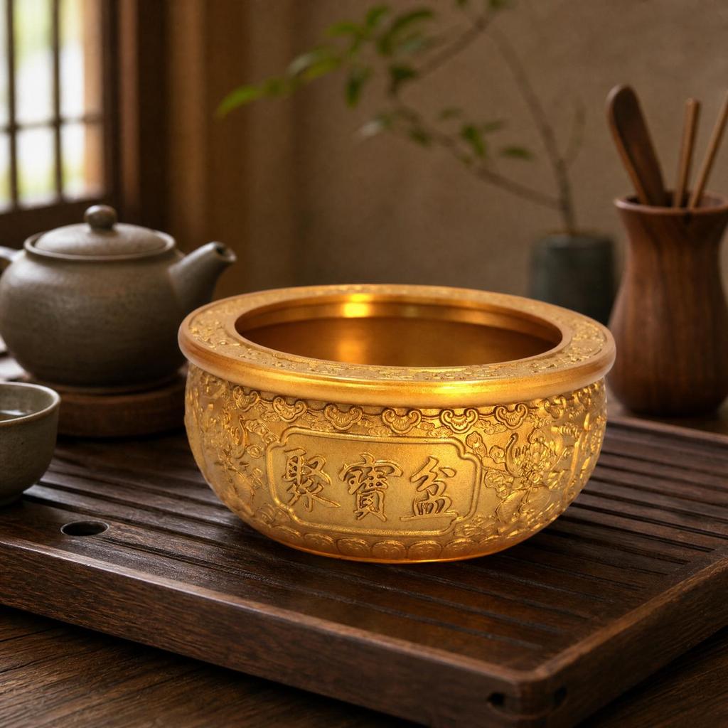 Chinese-Style Feng Shui Treasure Bowl Gold-Colored Decorative with Embossed