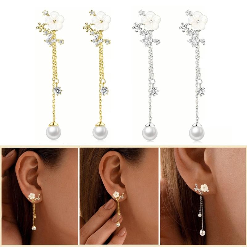 Delicate Flower Design Dangle Earrings With Simulated Pearls Chain Bridal Jewelry Glossy Gold or Silver Finish