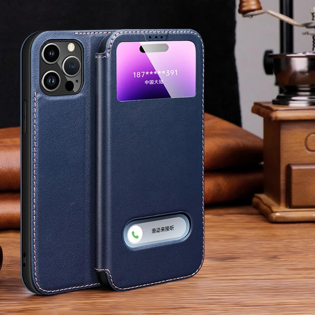 Genuine Leather Clear View Window Phone Case for IPhone 16 15 Plus 14 13 12 Pro Max Magnetic Flip Holder Cover