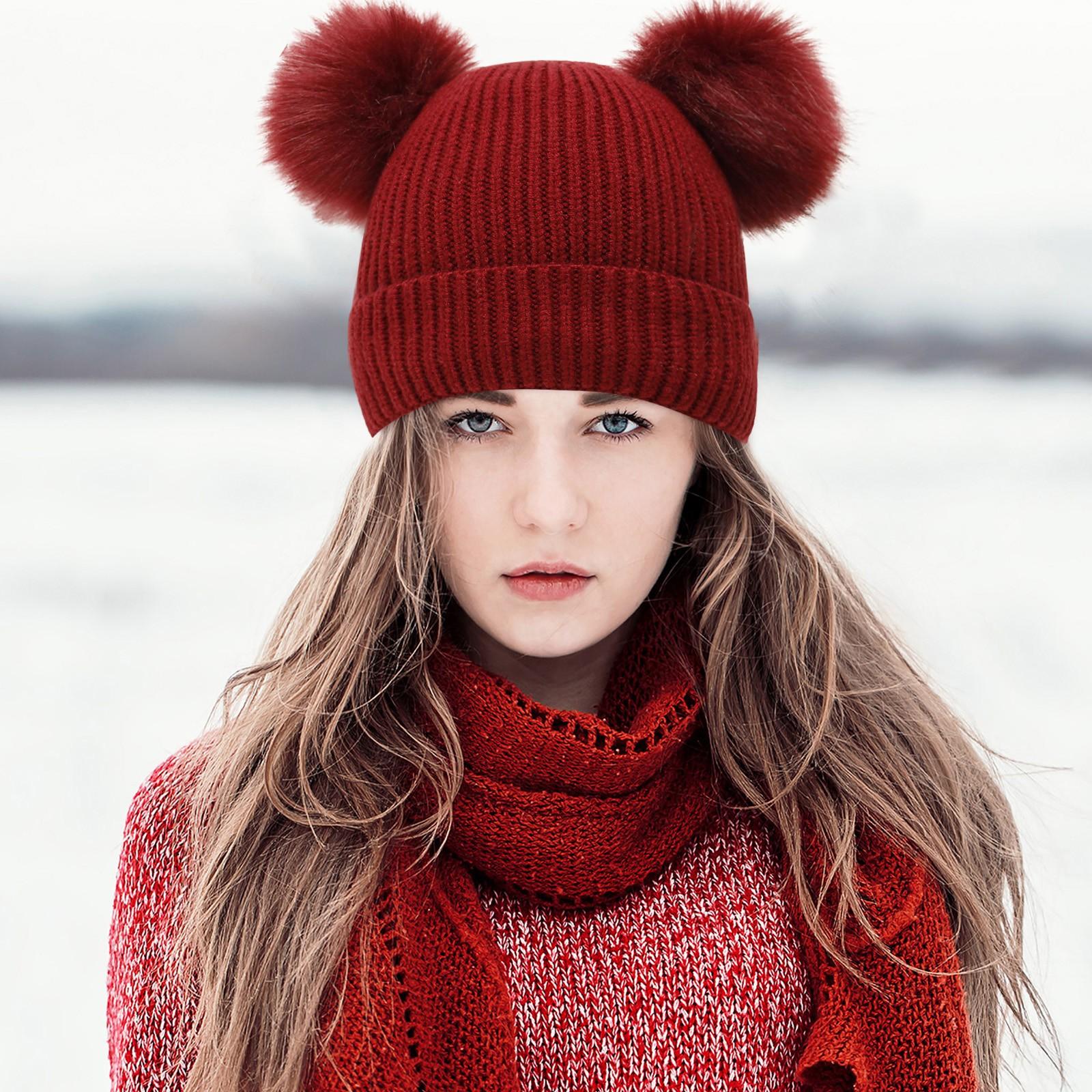 

Женская зимняя шапка с помпоном и теплой флисовой подкладкой, толстая снежная вязаная лыжная шапка с напуском винный