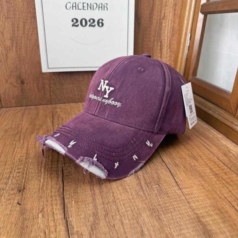 High cranial top plain baseball cap women washed old rough edge NY three-dimensional embroidery baseball cap versatile broken brim sun hat