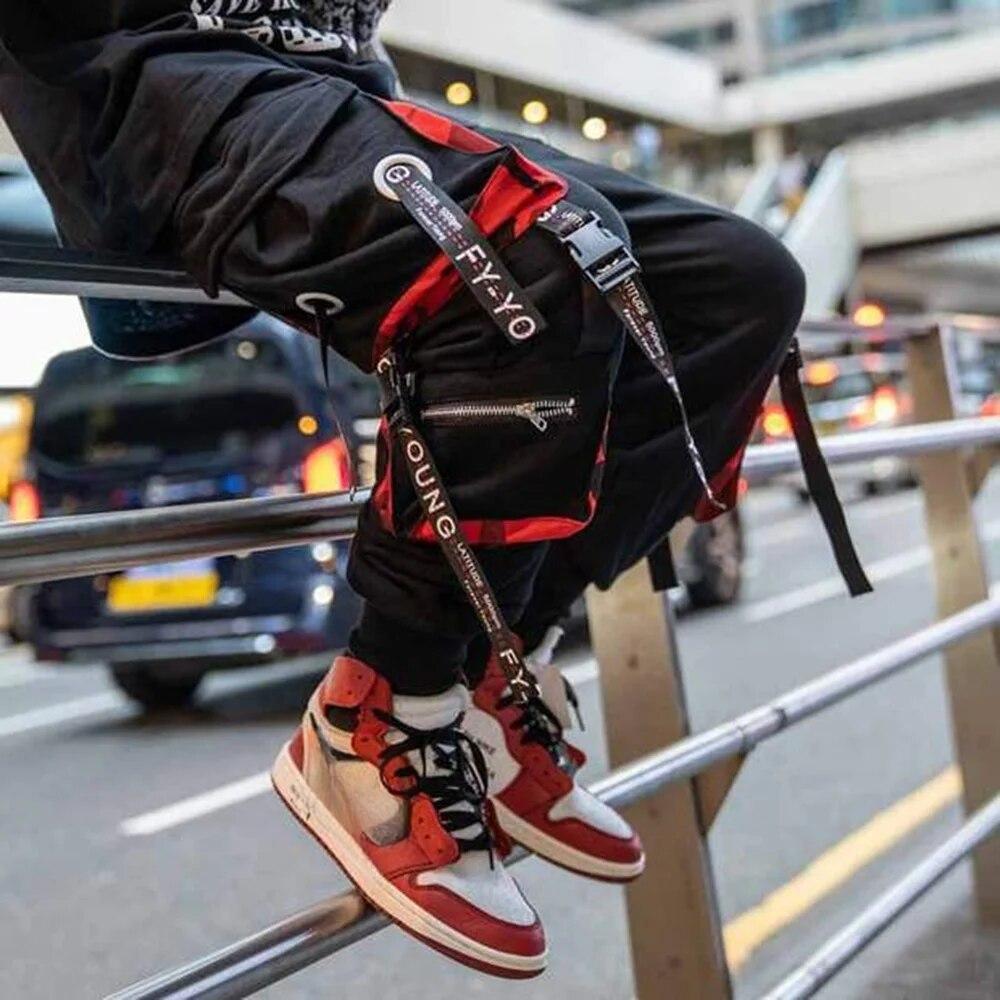 Jogger Cargo Pants Men Relax Hip-hop Hit Color Pocket Men's Pants Sweatpants Street Ribbon Techwear Pants