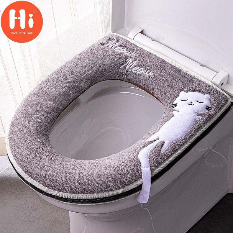 

Универсальный чехол на сиденье для унитаза, круглое сиденье для унитаза, коврик для ванной комнаты, коврик для унитаза, зимний теплый моющийся чехол с рисунком кота, милые чехлы на сиденья для унитаза серый