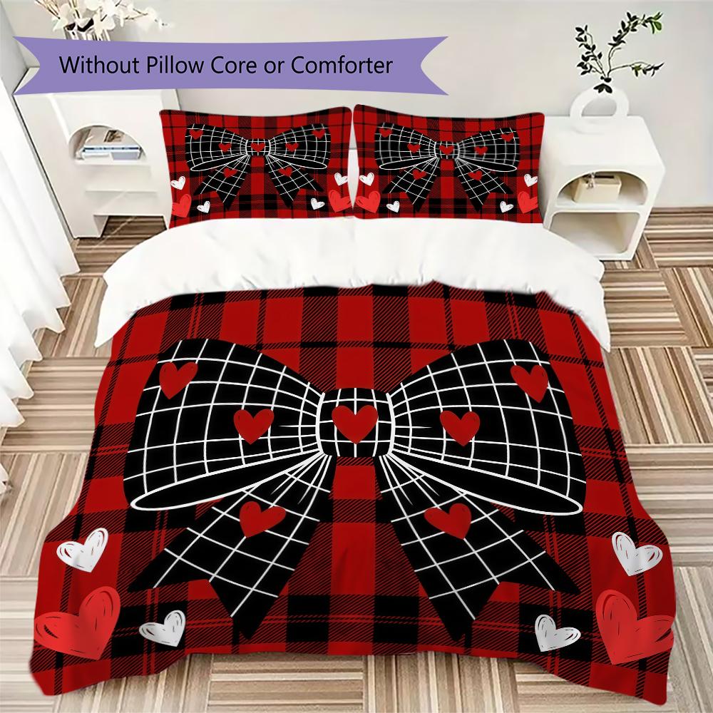 Plaid Bow Pattern Bedding Uilt Set Uilt Cover Pillowcase Home Decoration Birthday Gift (1 * Duvet Cover + 2 * Pillowcase Without Core)