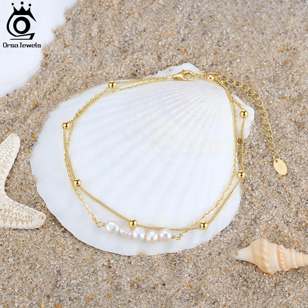 ORSA JEWELS Layered Natural Pearl Chain Anklet for Women Girl 925 Silver Fashion Summer Beach Foot Bracelet Anklets Jewelry SA50