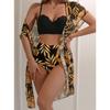 1 Set of Swimsuit Maple Leaf Print High Waisted Mesh Jacket Triangle Slimming Bikini Swimsuit Women's Set