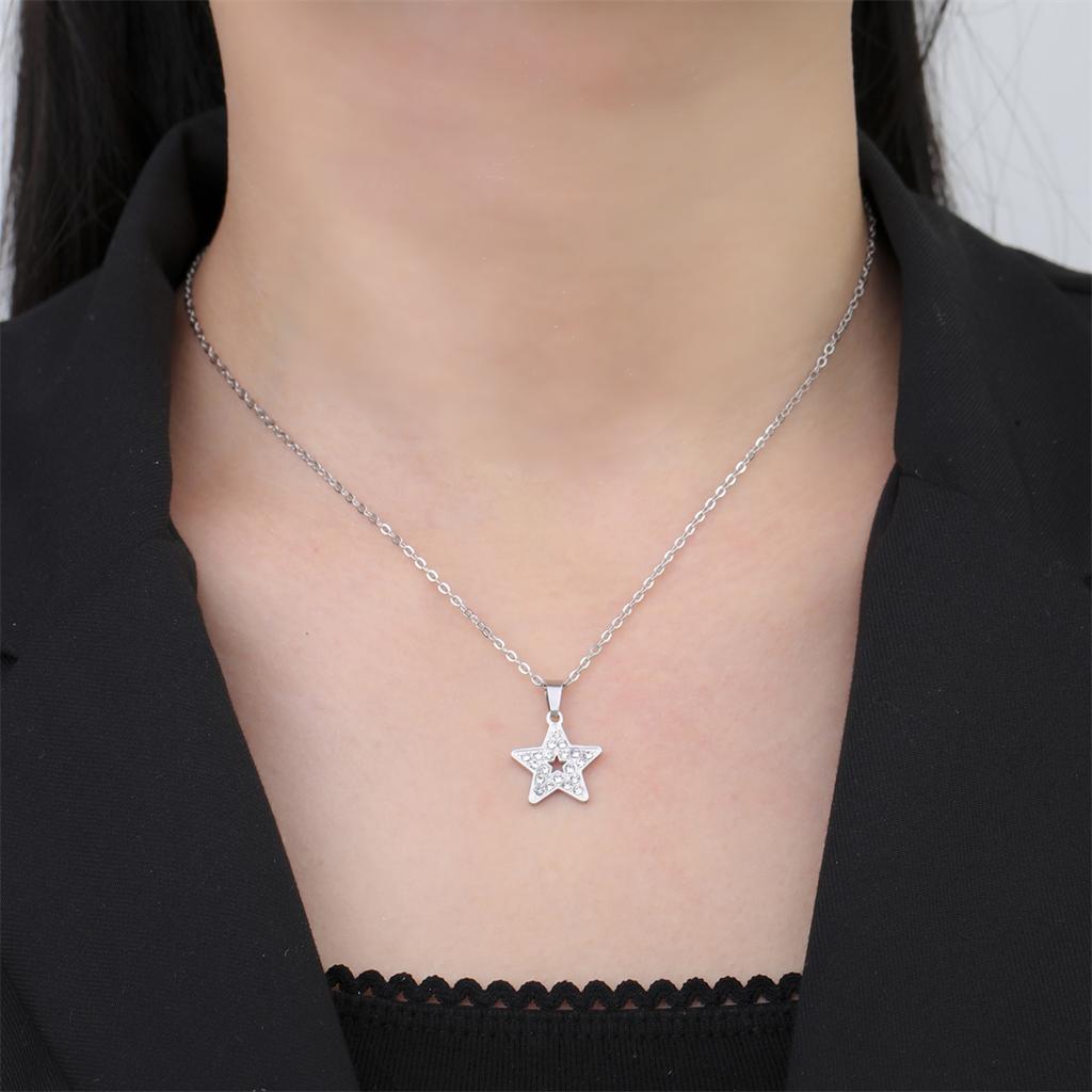 Rhinestones Heart Necklace for Women Stainless Steel Fashion Pentagram Star Pendant Chain Valentine's Day Jewelry Gift
