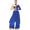 S-XXL Womens Worship Praise Dance Costume Long Sleeve Asymmetrical Hem Dress and Wide Leg Pants Contrast Color Dancewear Outfits