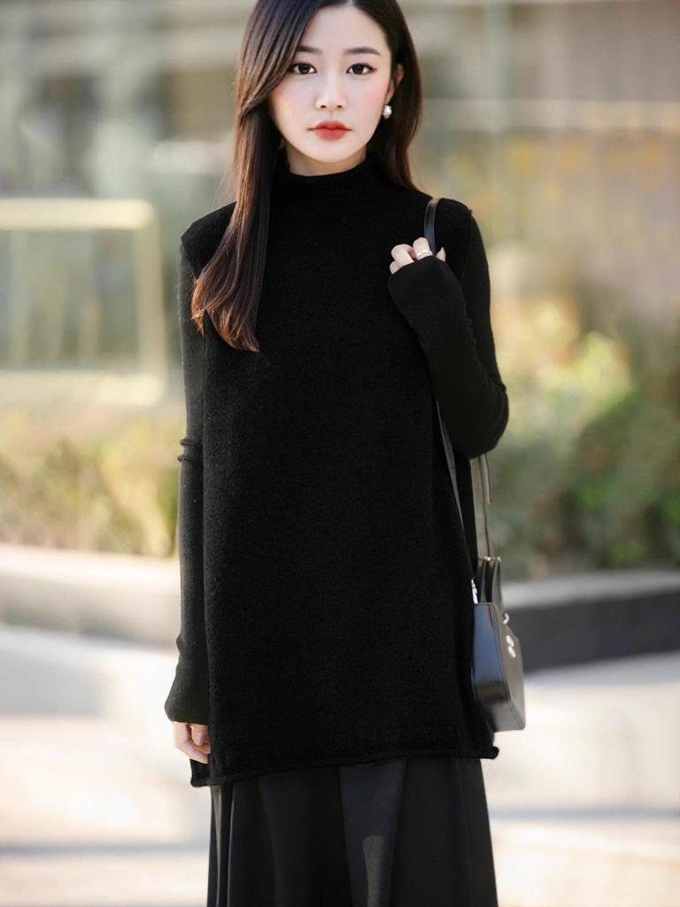 Korean Style Half-High Neck Fleece Knit Vest for Women – Autumn Winter, Loose Mid-Length Sleeveless Sweater