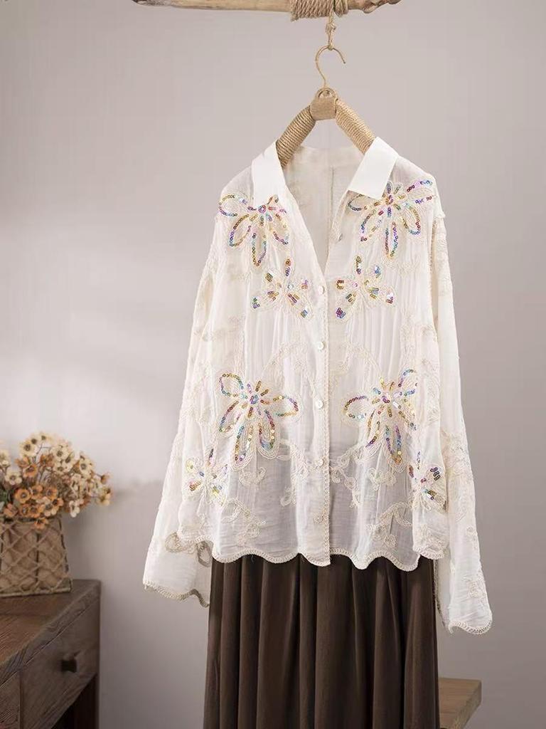 Women's Retro Floral Embroidered Cotton Shirt with Beaded Sequins - Long Sleeve, Loose Fit