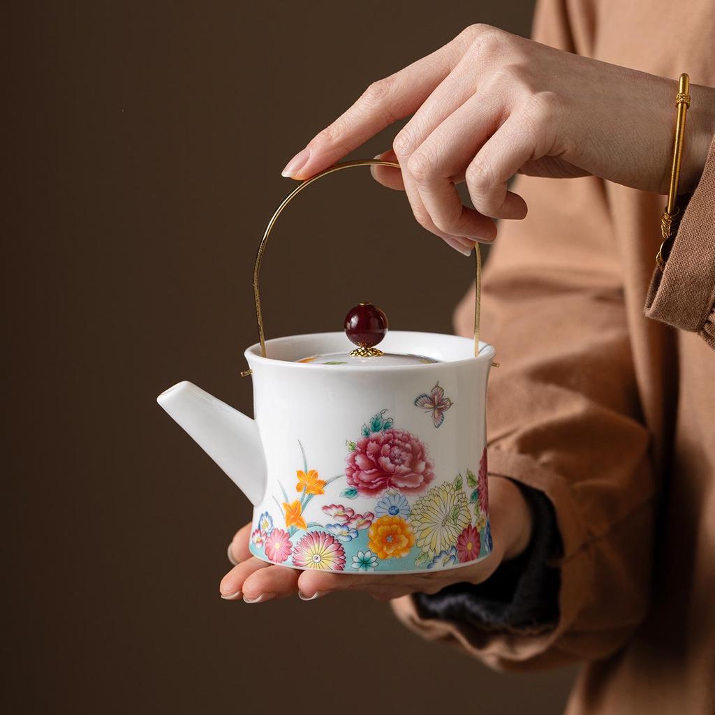 Kung Fu Ceramic Travel Tea Set with Overglaze Enamel Peony Teapot