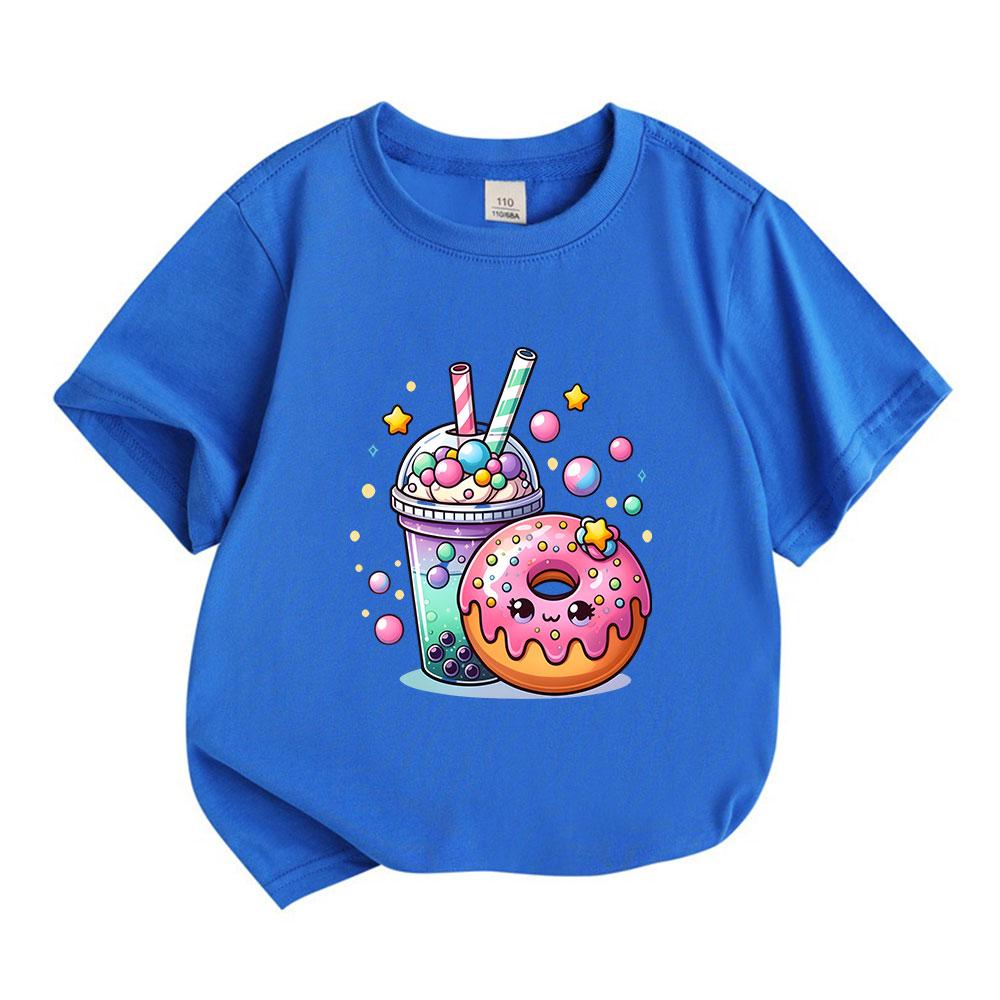 Kids Boys Girls Crew Neck Short Sleeve 100% Cotton T-Shirt, Cute Cartoon Bubble Tea Donut Graphic Casual Lightweight Summer Tee for Children Daily Wea