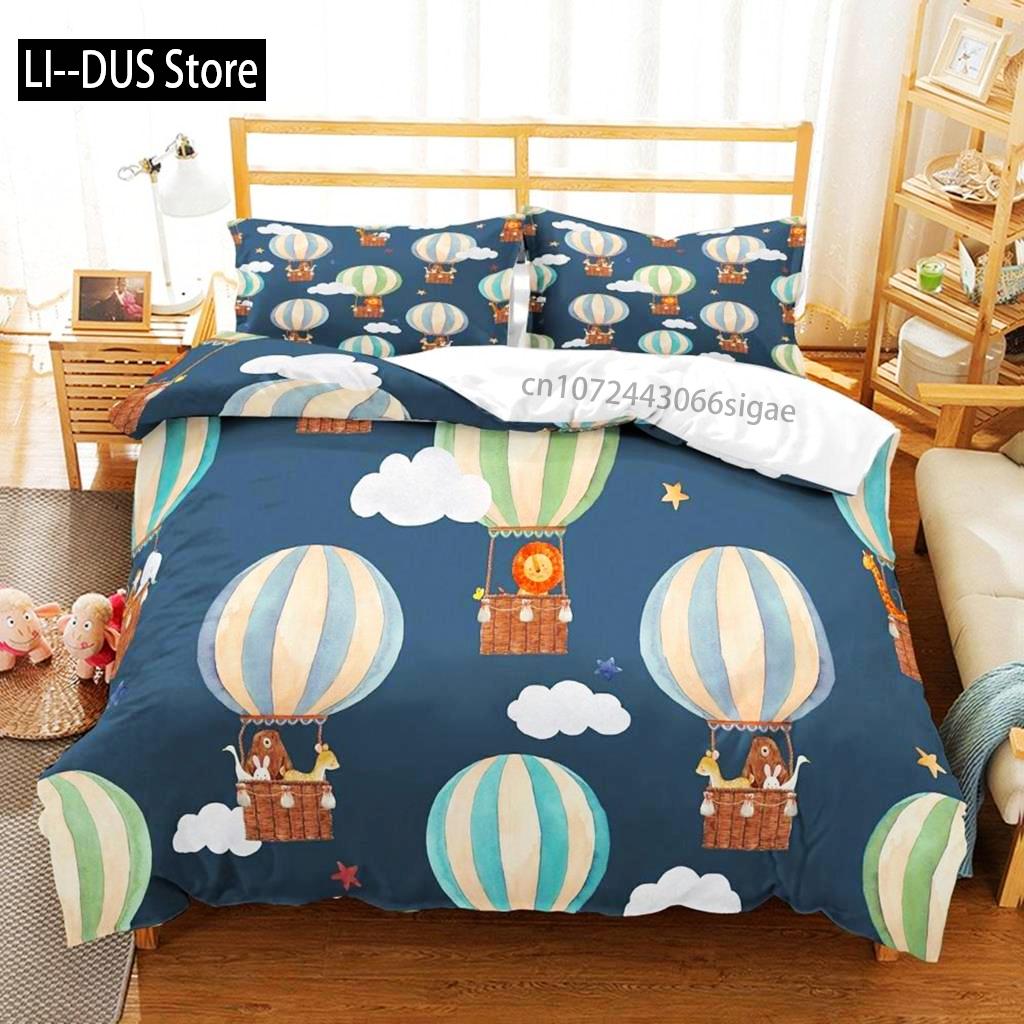 Balloon Duvet Cover Set King Twin Size Polyester Hand Painted Style Floating Hot Air Balloons With Clouds Moon Print Bedding Set