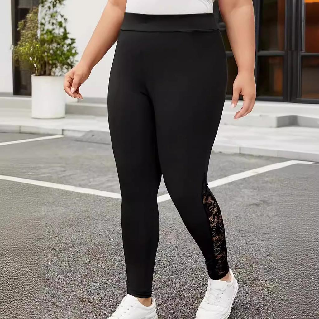 Pantaloni Estivi da Donna Taglie Forti con Contrasto di Pizzo Intrecciato, Pantaloni Skinny