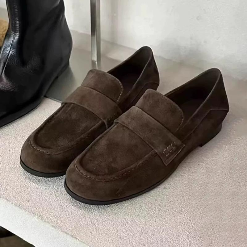 Sheepskin version~ retro British style round head deep mouth thick heel one pedal loafers women s spring versatile single shoes 35