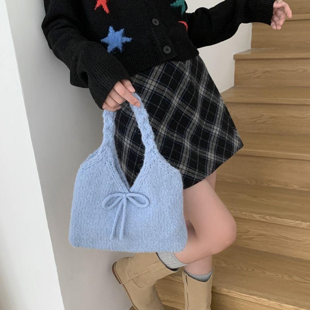 Casual Multicolor Bow Knitted Handbag Twists Soft Knitted Wrist Bag Cute Large Capacity Knit Shoulder Bag Commuting